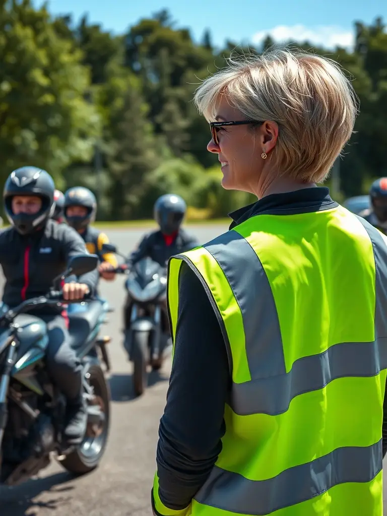 A ROAD INDEPENDENT volunteer is teaching a motorcycle safety course to a group of new riders, emphasizing responsible riding practices and accident prevention techniques.