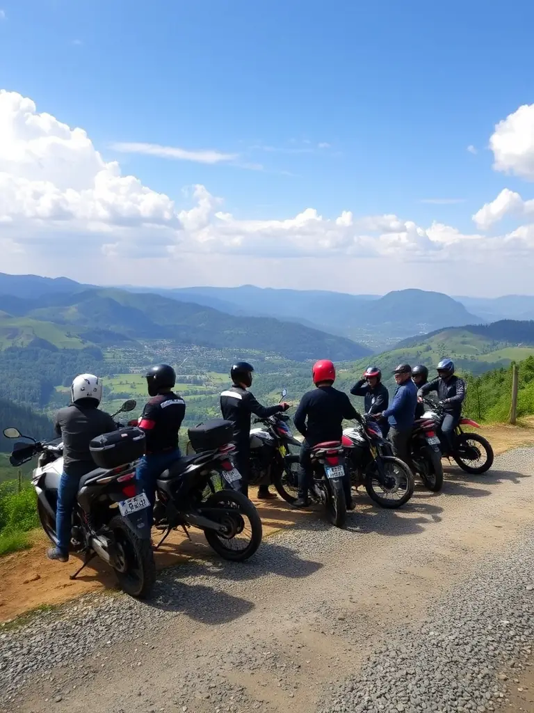 A group of motorcyclists gathered at a scenic overlook, preparing for a charity ride organized by ROAD INDEPENDENT, showcasing the camaraderie and community spirit.
