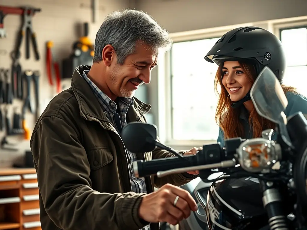 A ROAD INDEPENDENT member assisting a new rider with motorcycle maintenance, highlighting the mentorship and support within the organization.