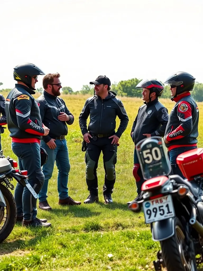 A group of motorcyclists socializing and sharing stories at a post-ride gathering, emphasizing the social connections fostered by ROAD INDEPENDENT.