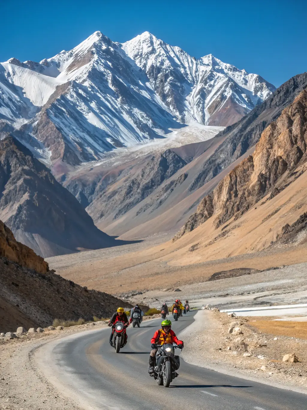 A group of motorcyclists riding through a scenic mountain pass, participating in a ROAD INDEPENDENT organized tour, showcasing the adventure and camaraderie.