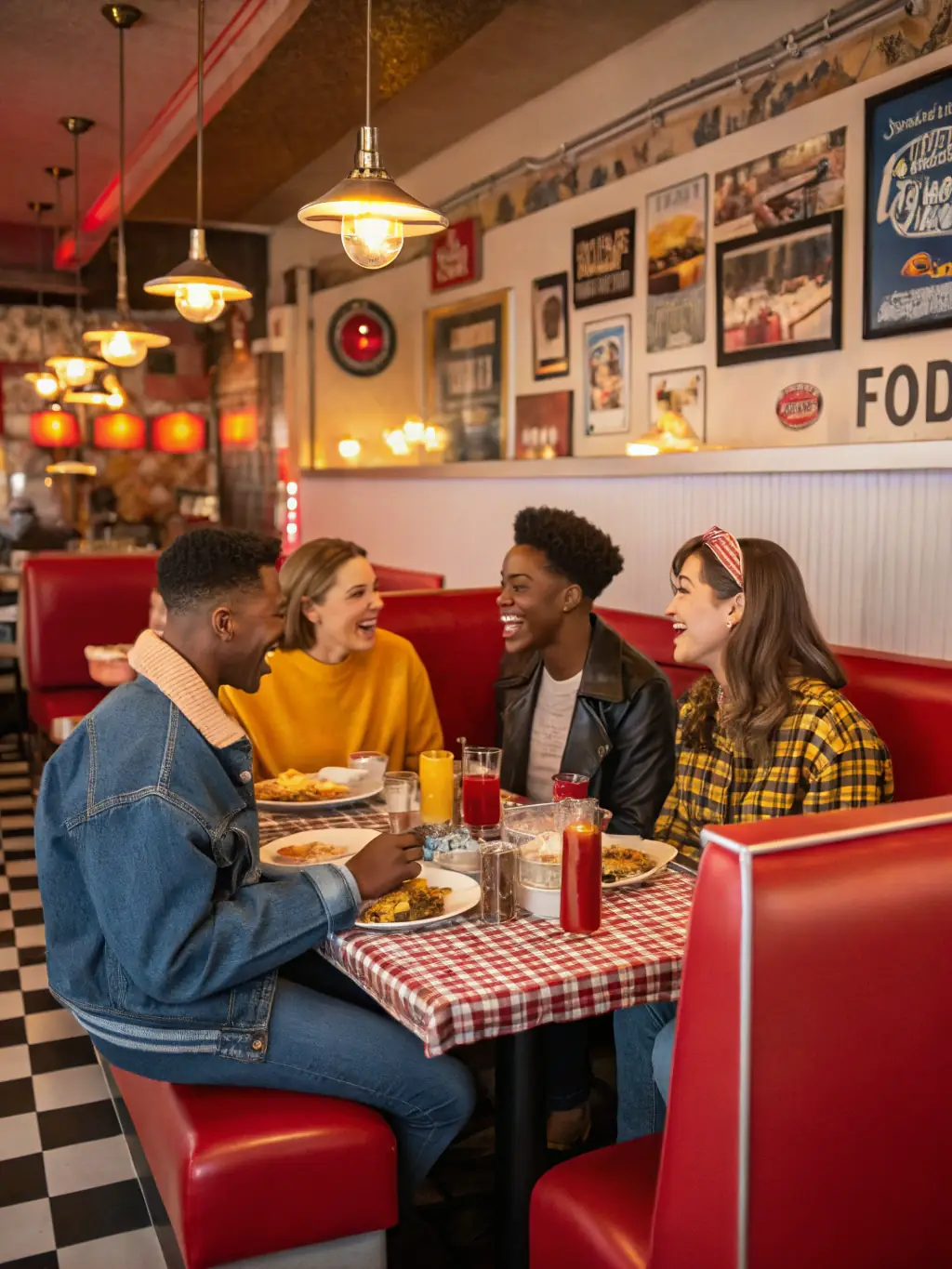 A diverse group of riders enjoying a meal together at a roadside diner during a ROAD INDEPENDENT event, emphasizing the social aspect and inclusivity.