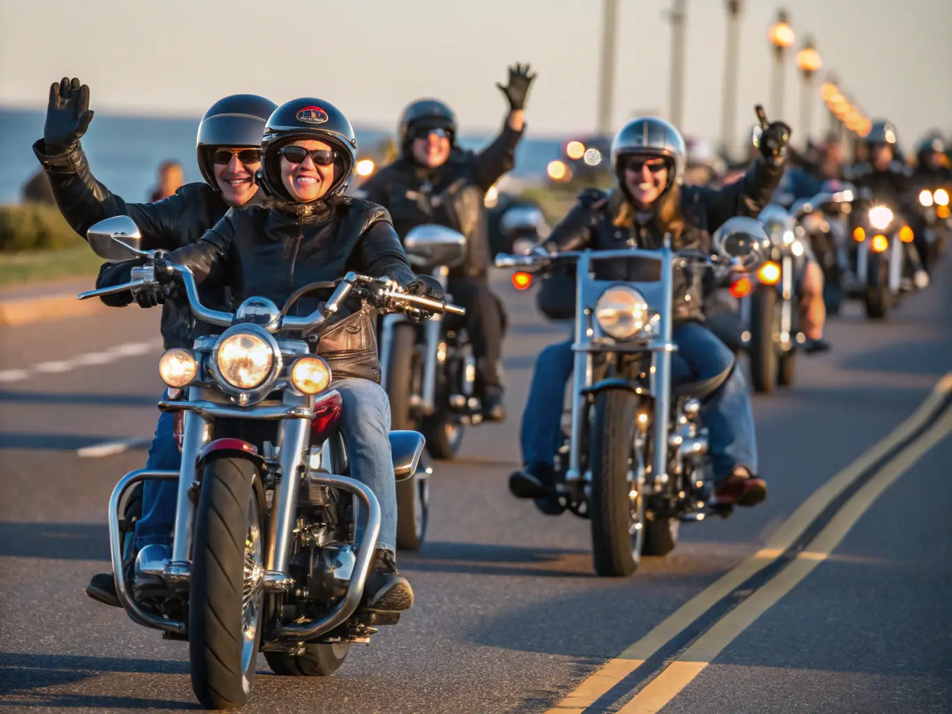 A group of ROAD INDEPENDENT members riding motorcycles through a scenic countryside, emphasizing the camaraderie and shared passion for motorcycling.